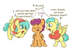 Size: 3075x2042 | Tagged: safe, artist:chub-wub, edit, barley barrel, pickle barrel, scootaloo, pegasus, pony, g4, rainbow roadtrip, barrel twins, brother and sister, colt, cropped, female, filly, high res, male, siblings, twins