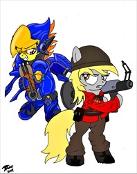 Size: 6800x8600 | Tagged: safe, artist:radiancebreaker, derpy hooves, spitfire, pony, g4, absurd resolution, bipedal, clothes, cosplay, costume, derpy soldier, overwatch, pharah, simple background, team fortress 2, white background