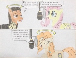Size: 2932x2244 | Tagged: safe, artist:don2602, fluttershy, pear butter, earth pony, pegasus, pony, comic:g4 we are the world, g4, clothes, end of ponies, eyes closed, halo, high res, hoof on chest, jacket, michael jackson, microphone, ponified, recording, song reference, traditional art, we are the world
