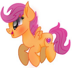Size: 1002x925 | Tagged: artist needed, safe, scootaloo, pegasus, pony, g4, blushing, cute, cutealoo, female, filly, foal, happy, jumping, needs more jpeg, simple background, solo, white background, wings