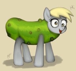 Size: 900x830 | Tagged: safe, artist:zetamad, derpy hooves, pony, g4, atg 2019, clothes, costume, female, food, food costume, newbie artist training grounds, pickle, pickle costume, solo