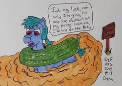Size: 1373x962 | Tagged: safe, artist:rapidsnap, oc, oc only, unnamed oc, pony, atg 2019, clothes, costume, fancy dress, food, food costume, newbie artist training grounds, oblivious, pickle, pickle costume, quicksand, sign, solo, traditional art