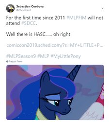 Size: 505x555 | Tagged: safe, screencap, princess celestia, princess luna, pony, between dark and dawn, g4, comic con, end of ponies, female, meta, sad, san diego comic con, solo, text, the end is neigh, twitter