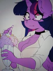 Size: 1536x2048 | Tagged: safe, artist:teranen, twilight sparkle, alicorn, anthro, g4, :i, big breasts, black socks, breasts, busty twilight sparkle, chest fluff, choker, cleavage, cleavage fluff, clothes, cup, female, food, glasses, milkshake, shirt, sitting, sketch, solo, straw, twilight sparkle (alicorn)