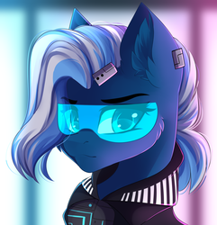 Size: 2939x3047 | Tagged: safe, artist:airiniblock, oc, oc only, oc:vivid tone, pegasus, pony, rcf community, clothes, commission, ear fluff, futuristic, high res, looking at you, solo, visor, wavy mouth