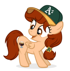 Size: 1396x1418 | Tagged: safe, artist:rioshi, artist:starshade, oc, oc only, oc:vanilla creame, pegasus, pony, baseball cap, cap, female, filly, hat, looking back, oakland athletics, simple background, solo, transparent background, younger