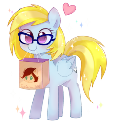 Size: 1000x1052 | Tagged: safe, artist:finlywhisk, oc, oc only, oc:canni soda, oc:cloud cuddler, pegasus, pony, galacon, cute, female, glasses, heart, mare, mouth hold, pegasus oc, shopping bag, simple background, transparent background, ych result