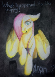 Size: 2918x4126 | Tagged: safe, artist:vertayara, fluttershy, pegasus, pony, g4, atg 2019, bust, dialogue, female, floppy ears, hair over one eye, head tilt, john wick, looking at you, mare, movie reference, newbie artist training grounds, open mouth, solo, spread wings, this will not end well, traditional art, watercolor painting, wings