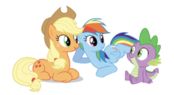 Size: 750x408 | Tagged: safe, edit, editor:undeadponysoldier, applejack, rainbow dash, spike, dragon, earth pony, pegasus, pony, g4, applespikedash, bisexual, female, hanging out, happy, lesbian, looking at each other, lying down, male, mare, polyamory, ship:applespike, ship:rainbowspike, shipping, simple background, sitting, smiling, spike gets all the mares, spikelove, straight, white background