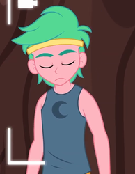 Size: 492x634 | Tagged: safe, screencap, lemon zack, equestria girls, five lines you need to stand in, g4, my little pony equestria girls: better together, arms, background human, clothes, cropped, eyes closed, male, sleeveless