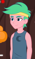 Size: 379x642 | Tagged: safe, screencap, lemon zack, equestria girls, five lines you need to stand in, g4, my little pony equestria girls: better together, background human, bare arms, clothes, cropped, male, smiling, solo