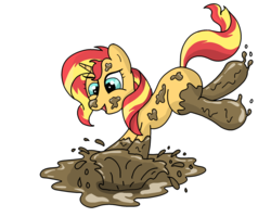Size: 2000x1600 | Tagged: safe, artist:amateur-draw, sunset shimmer, pony, unicorn, g4, covered in mud, female, happy, jumping, ms paint, mud, muddy, playing, puddle, solo, wet and messy