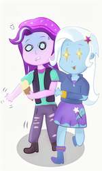 Size: 507x845 | Tagged: safe, artist:samyvillaly, starlight glimmer, trixie, equestria girls, g4, clothes, female, food, ice cream, ice cream cone, lesbian, scared, ship:startrix, shipping