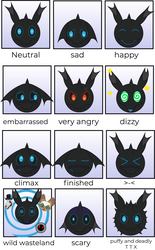 Size: 2917x4718 | Tagged: safe, artist:wheatley r.h., derpibooru exclusive, oc, oc only, oc:w. rhinestone eyes, changeling, angry, blue blush, blue changeling, blue eyes, changeling oc, cute, dizzy, embarrassed, emotions, expressions, gradient background, happy, horn, neutral, orgasm, red eyes, sad, scary, scrunchy face, simple background, solo, sphere ponies, vector, watermark, white background, wild wasteland
