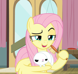 Size: 1012x964 | Tagged: safe, screencap, angel bunny, fluttershy, a trivial pursuit, g4, season 9, brushing, cropped, cute, dreamworks face, raised eyebrow, shyabetes, smug, smugshy, wing hands, wing hold, wings