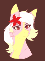 Size: 1668x2224 | Tagged: artist needed, safe, oc, oc only, oc:carmen garcía, earth pony, pony, bust, female, flower, flower in hair, frown, looking at you, mare, portrait