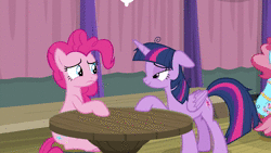 Size: 1920x1080 | Tagged: safe, screencap, cup cake, pinkie pie, twilight sparkle, alicorn, pony, a trivial pursuit, g4, animated, duo focus, female, floppy ears, frown, no sound, subtitles, twilight sparkle (alicorn), twipie forever, webm