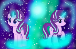 Size: 2300x1480 | Tagged: safe, artist:itspeahead, artist:joemasterpencil, starlight glimmer, pony, unicorn, g4, duo, female, glowing, glowing horn, horn, looking at you, magic, mare, raised hoof, self ponidox, shine, smiling