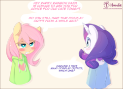Size: 1881x1365 | Tagged: safe, artist:hoodie, fluttershy, rarity, semi-anthro, g4, blush sticker, blushing, clothes, dialogue, duo, hoodie, implied flutterdash, implied lesbian, implied rainbow dash, implied shipping