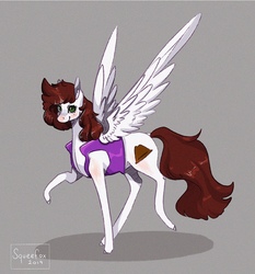 Size: 1906x2046 | Tagged: safe, artist:saoiirse, oc, oc only, oc:graph travel, pegasus, pony, clothes, female, freckles, looking at you, mare, raised hoof, smiling, solo, spread wings, vest, wings