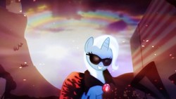 Size: 1280x720 | Tagged: safe, artist:zephyrstar, trixie, pony, unicorn, ponies: the anthology 3, g4, badass, cape, clothes, epic, female, gem, horn, lens flare, mare, rainbow, ruby, smiling, solo, sun, sunglasses, thumbnail