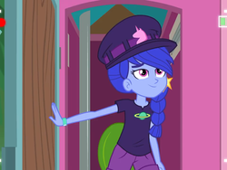 Size: 960x720 | Tagged: safe, screencap, space camp, equestria girls, five lines you need to stand in, g4, my little pony equestria girls: better together, background human, clothes, outhouse, smiling
