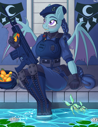 Size: 3600x4650 | Tagged: safe, artist:ziemniax, oc, oc only, oc:specter ace, bat pony, anthro, assault rifle, bat pony oc, bat wings, beret, boots, braid, braided ponytail, braided tail, busty oc, clothes, commission, fangs, female, fn scar, freckles, fruit, gloves, gun, hat, helmet, kevlar, knee pads, mangoes, night guard, rifle, royal guard, scar-h, shoes, sitting, solo, swimming pool, uniform, weapon, wings