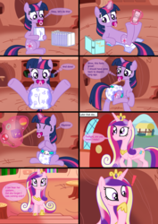 Size: 1350x1912 | Tagged: safe, artist:diaperdude, princess cadance, twilight sparkle, alicorn, pony, unicorn, comic:a foalish mind, g4, abdl, adult foal, caught, comic, cushies, diaper, diaper package, diapering, duo, exclamation point, female, fetish, golden oaks library, lying down, non-baby in diaper, on back, pacifier, product placement, shocked, sisters-in-law, unicorn twilight