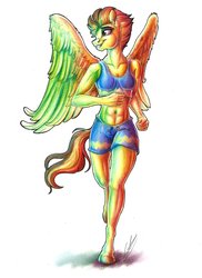 Size: 2550x3506 | Tagged: safe, artist:lupiarts, spitfire, pegasus, anthro, unguligrade anthro, g4, abs, clothes, female, high res, jogging, sexy, smiling, smirk, solo, sports bra, sporty style, stupid sexy spitfire, uniform, wings, wonderbolt trainee uniform