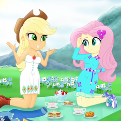 Size: 2600x2600 | Tagged: safe, artist:theretroart88, applejack, fluttershy, equestria girls, g4, my little pony equestria girls: better together, clothes, coffee, cute, dress, food, high res, ice cream, jackabetes, picnic, shoes, shyabetes, sitting, snacks, sneakers