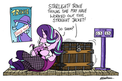 Size: 6065x4026 | Tagged: safe, artist:bobthedalek, starlight glimmer, trixie, pony, unicorn, assistant, assistant's outfit, atg 2019, clothes, cuffs (clothes), escape act, fishnet pantyhose, high heels, magic show, magic trick, misspelling, newbie artist training grounds, playboy, playpony, porn magazine, poster, shoes, stage, timer, trunk