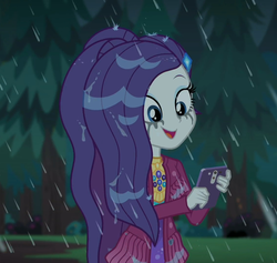 Size: 1138x1080 | Tagged: safe, screencap, rarity, equestria girls, g4, inclement leather, inclement leather: vignette valencia, my little pony equestria girls: choose your own ending, cellphone, clothes, cropped, cute, hashtag rain hair don't care, jacket, makeup, mascara, mascarity, outdoors, phone, rain, raribetes, running makeup, smartphone, smiling, suede jacket, wet, wet hair, wet hairity
