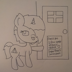 Size: 1709x1709 | Tagged: safe, artist:lightning135, oc, oc only, oc:lightwave, pony, unicorn, door, female, filly, pointing, raised hoof, sign, solo, tongue out, traditional art