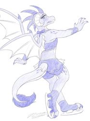 Size: 1024x1366 | Tagged: safe, artist:novaintellus, princess ember, dragon, g4, ass, atg 2019, beautiful, blushing, butt, clothes, compression shorts, cute, dragoness, emberbetes, female, ice skates, ice skating, looking back, midriff, miniskirt, newbie artist training grounds, see-through, see-through skirt, signature, simple background, sketch, skirt, solo, sports bra, spread wings, white background, wings