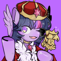 Size: 400x400 | Tagged: safe, artist:snowillusory, twilight sparkle, alicorn, pony, g4, choker, commission, crown, deviantart watermark, fangs, female, jewelry, obtrusive watermark, one eye closed, regalia, smiling, solo, sparkles, twilight sparkle (alicorn), watermark, waving, wink