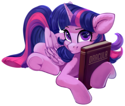 Size: 2500x2111 | Tagged: safe, artist:taneysha, twilight sparkle, alicorn, pony, book, dracula, female, looking at you, lying down, mare, simple background, smiling, solo, that pony sure does love books, transparent background, twilight sparkle (alicorn), underhoof