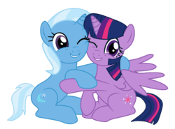 Size: 1050x776 | Tagged: safe, artist:grapefruitface1, artist:k-amiibases, trixie, twilight sparkle, alicorn, pony, g4, base used, cute, female, hug, lesbian, one eye closed, requested art, ship:twixie, shipping, show accurate, simple background, smiling, transparent background, twilight sparkle (alicorn), wink