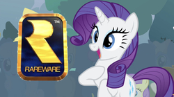 Size: 627x350 | Tagged: safe, edit, edited screencap, editor:undeadponysoldier, screencap, rarity, pony, unicorn, g4, bipedal, cute, cute smile, female, happy, hoof on chest, i see what you did there, logo, mare, namesake, open mouth, rareware, rareware logo, raribetes, standing, trademark