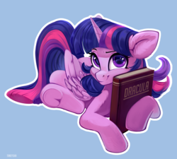 Size: 2632x2368 | Tagged: safe, artist:taneysha, twilight sparkle, alicorn, pony, adorkable, blue background, book, cute, dork, dracula, ear fluff, female, frog (hoof), looking at you, mare, prone, simple background, solo, twiabetes, twilight sparkle (alicorn), underhoof