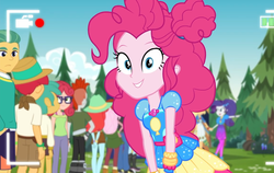 Size: 1142x720 | Tagged: safe, screencap, alizarin bubblegum, applejack, crimson napalm, flash sentry, guy grove, hunter hedge, peppermint azure, photo finish, pinkie pie, rarity, raspberry lilac, snails, equestria girls, five lines you need to stand in, g4, my little pony equestria girls: better together, cute, diapinkes, female, geode of sugar bombs, hat, holding hands, magical geodes, male, selfie drone, shipping fuel, smiling