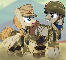Size: 1024x936 | Tagged: safe, artist:brony-works, pegasus, pony, bandolier, cap, cigarette pack, clothes, dust, fallschirmjäger, fatigues, female, grin, hat, helmet, knee pads, looking at each other, luftwaffe, male, mare, nazi germany, paratrooper, smiling, spade, stallion, uniform, vector, world war ii
