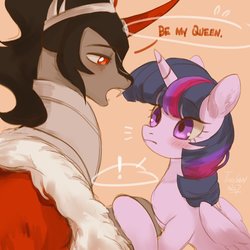 Size: 1024x1024 | Tagged: safe, artist:tingsan, king sombra, twilight sparkle, alicorn, pony, unicorn, g4, blushing, clothes, crack shipping, crown, exclamation point, fangs, female, holding hooves, jewelry, looking at each other, male, mare, marriage proposal, regalia, ship:twibra, shipping, simple background, speech bubble, stallion, straight, twilight sparkle (alicorn)