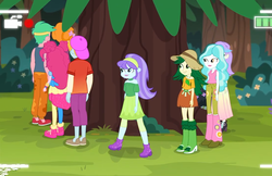 Size: 1108x720 | Tagged: safe, screencap, aqua blossom, fry lilac, lemon zack, paisley, pinkie pie, scribble dee, snow flower, sweet leaf, equestria girls, five lines you need to stand in, g4, my little pony equestria girls: better together, background human, boots, clothes, female, hat, male, no socks, pants, pantyhose, shoes, skirt, sneakers