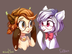 Size: 1080x810 | Tagged: safe, artist:inowiseei, artist:sofiko-ko, oc, oc only, oc:silver beam, oc:sofi, pony, bells, bowtie, chest fluff, collaboration, cute, duo, ear fluff, ear tufts, eye contact, female, glasses, looking at each other, mare, ocbetes, simple background, smiling