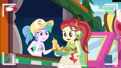 Size: 1920x1080 | Tagged: safe, screencap, rose heart, summer solstice (g4), equestria girls, five lines you need to stand in, g4, my little pony equestria girls: better together, background human, baseball cap, bracelet, cap, chips, clothes, ear piercing, earring, female, food, food truck, hat, jewelry, mustard, nachos, not celestia, outdoors, piercing, ponytail, recording, sauce, selfie drone, tank top, vendor, video