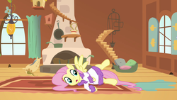 Size: 1280x720 | Tagged: safe, screencap, fluttershy, pony, g4, hurricane fluttershy, bathrobe, clothes, female, fluttershy's cottage, mare, out of context, robe, solo