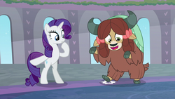 Size: 1280x720 | Tagged: safe, screencap, rarity, yona, pony, unicorn, yak, g4, she's all yak, bipedal, bow, cloven hooves, dancing, duo, female, fit right in, hair bow, mare, monkey swings