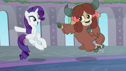Size: 1280x720 | Tagged: safe, screencap, rarity, yona, pony, unicorn, yak, g4, she's all yak, bow, cloven hooves, dancing, duo, female, fit right in, hair bow, jumping, mare, monkey swings