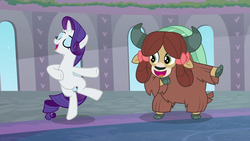 Size: 1280x720 | Tagged: safe, screencap, rarity, yona, pony, unicorn, yak, g4, she's all yak, bow, cloven hooves, dancing, duo, female, hair bow, mare, monkey swings