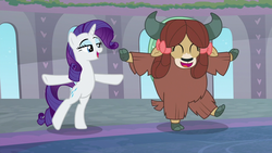 Size: 1280x720 | Tagged: safe, screencap, rarity, yona, pony, unicorn, yak, g4, she's all yak, bipedal, bow, cloven hooves, dancing, duo, female, fit right in, hair bow, mare, monkey swings